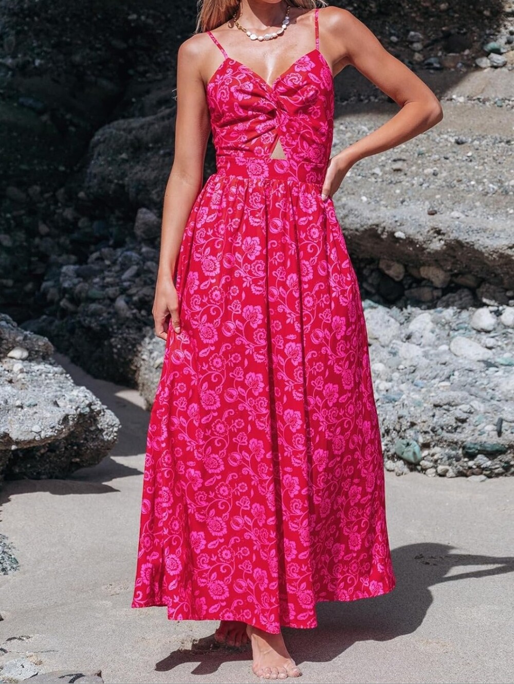 Red And Pink Floral Maxi Dress